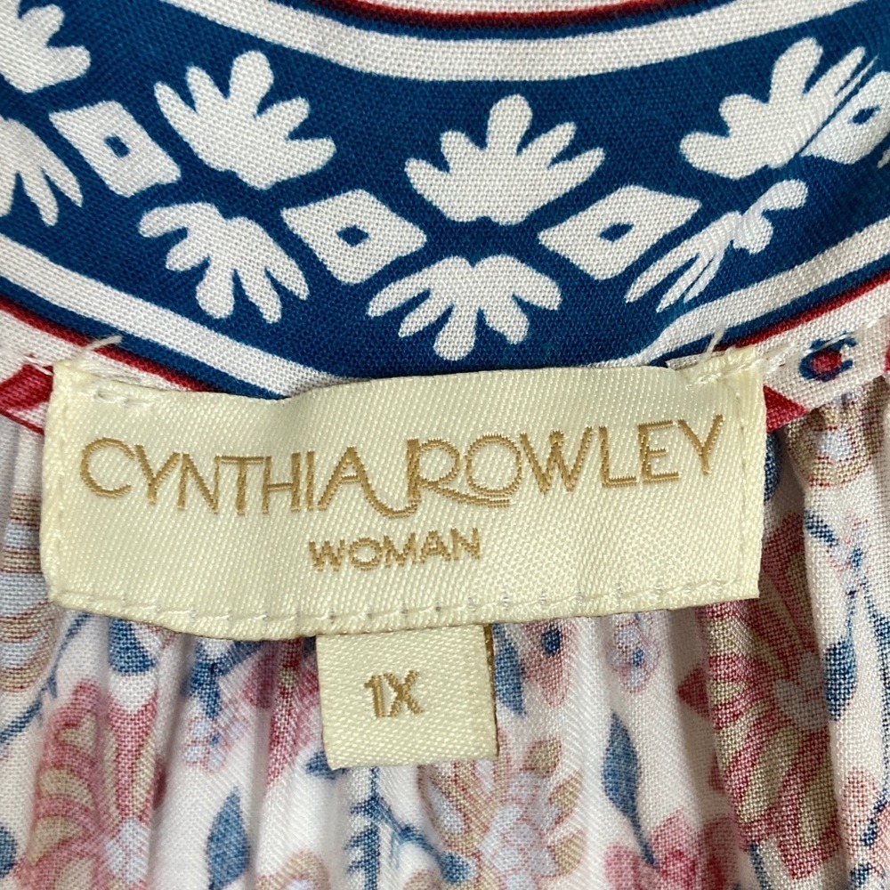 Cynthia Rowley Womens Floral V-Neck Boho Blouse Rust Blue Size 1X 3/4 Sleeve - Picture 2 of 9